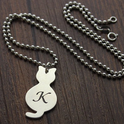 Personalised Tiny Cat Initial Pendant Necklace Silver - AMAZINGNECKLACE.COM