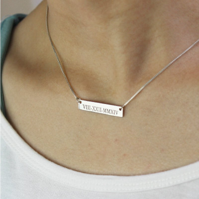 Custom Roman Numeral Bar Personalised Necklace Sterling Silver - AMAZINGNECKLACE.COM