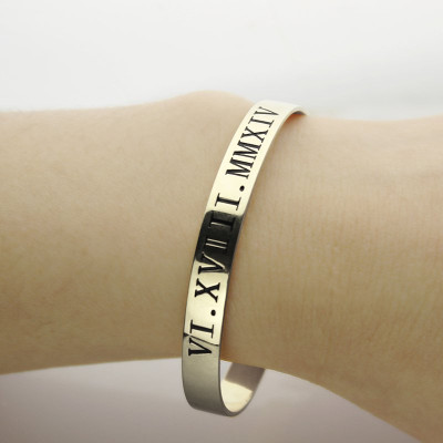 Personalised Roman Numeral Date Cuff Bracelet Sterling Silver - AMAZINGNECKLACE.COM