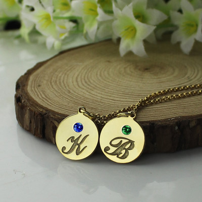 Engraved Initial  Birthstone Disc Charm Personalised Necklace 18ct Gold Plated  - AMAZINGNECKLACE.COM