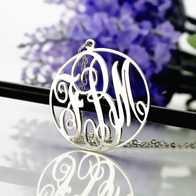 Personalised 18ct White Gold Plated Vine Font Circle Initial Monogram Necklace - AMAZINGNECKLACE.COM