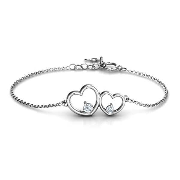 Sterling Silver Double Heart With Two Stones Personalised Bracelet  - AMAZINGNECKLACE.COM