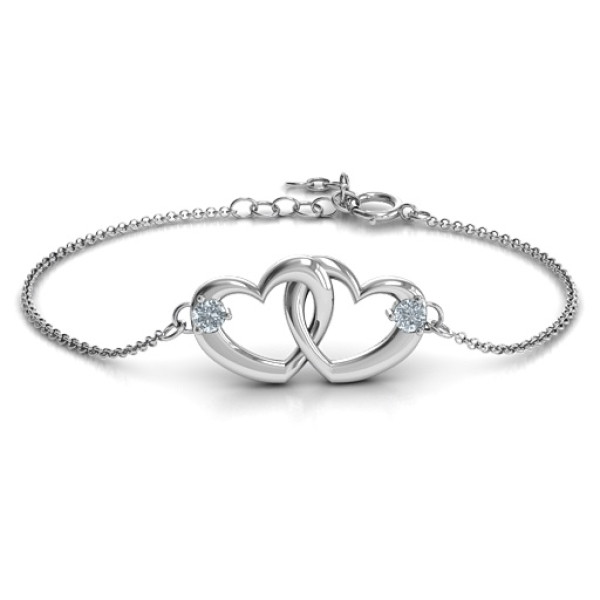 Sterling Silver Interlocking Heart Promise Personalised Bracelet with Two Stones  - AMAZINGNECKLACE.COM
