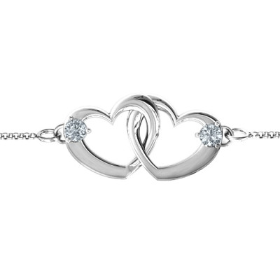 Sterling Silver Interlocking Heart Promise Personalised Bracelet with Two Stones  - AMAZINGNECKLACE.COM
