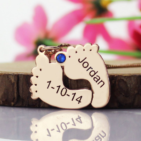 Engraved Baby Feet Imprint Personalised Necklace with Date Name 18ct Rose Gold Plated - AMAZINGNECKLACE.COM