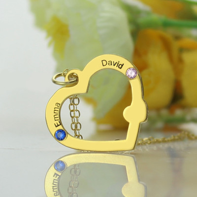 18ct Gold Open Heart Personalised Necklace with Double Name  Birthstone  - AMAZINGNECKLACE.COM