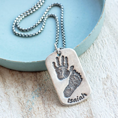 Dog Tag With Baby Prints And Birth Info Personalised Necklace - Two Pendants - AMAZINGNECKLACE.COM