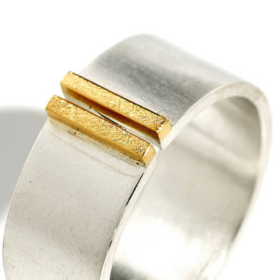 Silver And Gold Double Bar Wide Band Personalised Ring - AMAZINGNECKLACE.COM