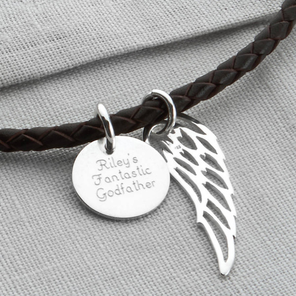 Personalised Silver Wing And Disc Leather Necklet - AMAZINGNECKLACE.COM