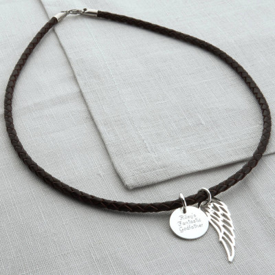 Personalised Silver Wing And Disc Leather Necklet - AMAZINGNECKLACE.COM