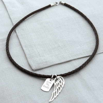 Personalised Silver Wing And Dogtag Leather Necklet - AMAZINGNECKLACE.COM