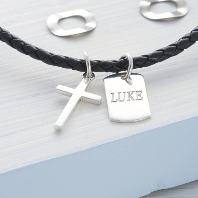 Personalised Silver Cross And Tag Leather Necklet - AMAZINGNECKLACE.COM