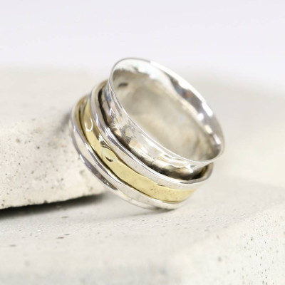 Sterling Silver And Gold Hammered Effect Spinning Personalised Ring - AMAZINGNECKLACE.COM