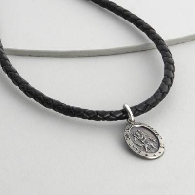 Mens Personalised Woven Leather St Christopher Necklet - AMAZINGNECKLACE.COM