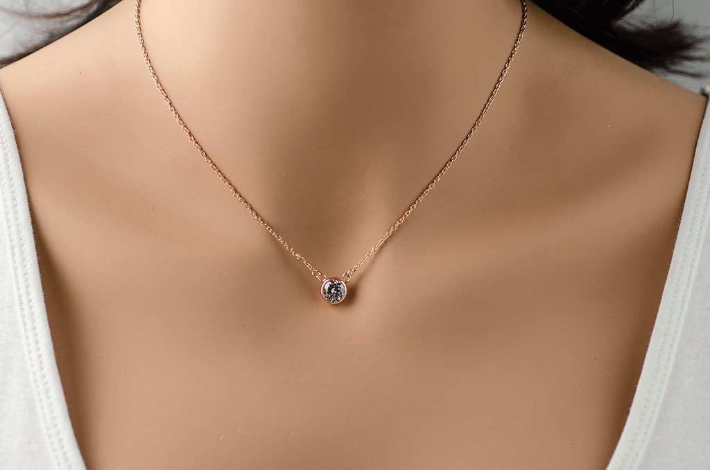 Round CZ Necklace - Rose Gold - Cubic Zirconia -  Simple Solitaire Necklace, Bridal Party Gift,