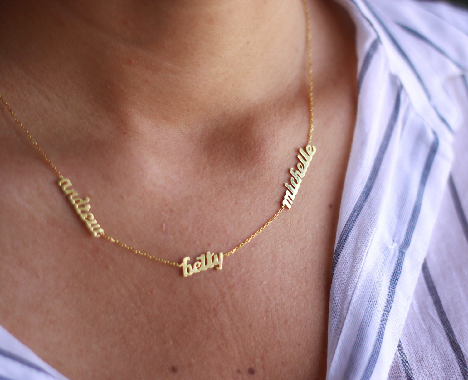 14k SOLID GOLD Tiny Name Necklace Gold Multiple Name Necklace