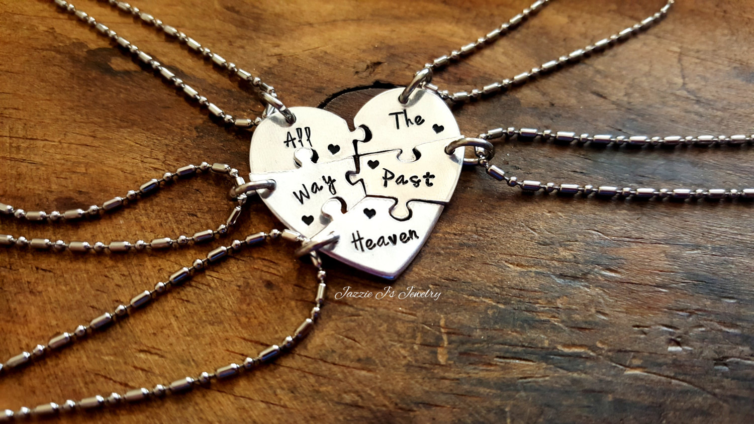 All The Way Past Heaven Five Piece Puzzle Heart Necklace Set, Handstamped 5 Split Heart Necklaces, Sisters/Best Friends Set, Family Jewelry All The Way Past Heaven Five Piece Puzzle Heart Necklace Set, Handstamped 5 Split Heart Necklaces, Sisters/Best Friends Set, Family Jewelry