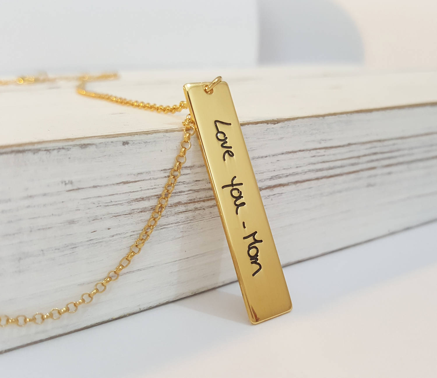 Bar Necklace Gold Jewelry Made From Handwriting Solid 14K Yellow