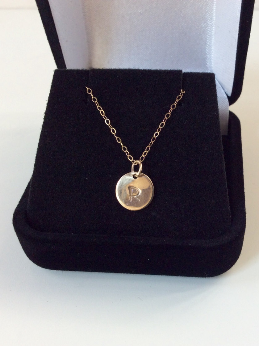 18k SOLID Gold Monogram Necklace - Hand-Stamped Initial Charm -Solid Gold 18 inch Heirloom Quality Initial Stamped Disk Charm Necklace