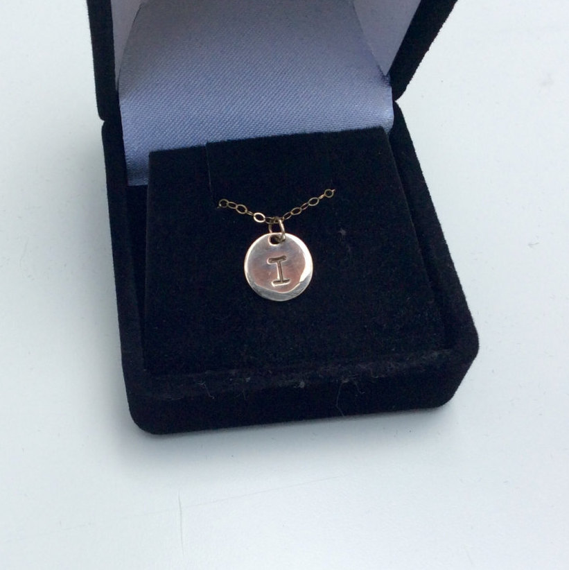 18k SOLID Gold Monogram Necklace - Hand-Stamped Initial Charm -Solid Gold 18 inch Heirloom Quality Initial Stamped Disk Charm Necklace
