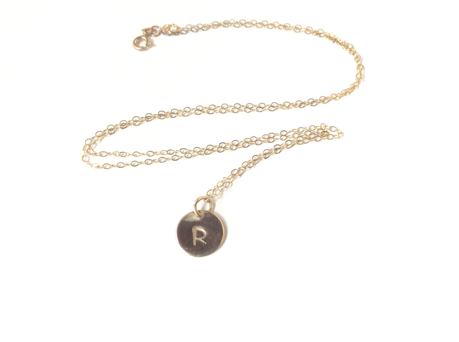 18k SOLID Gold Monogram Necklace - Hand-Stamped Initial Charm -Solid Gold 18 inch Heirloom Quality Initial Stamped Disk Charm Necklace