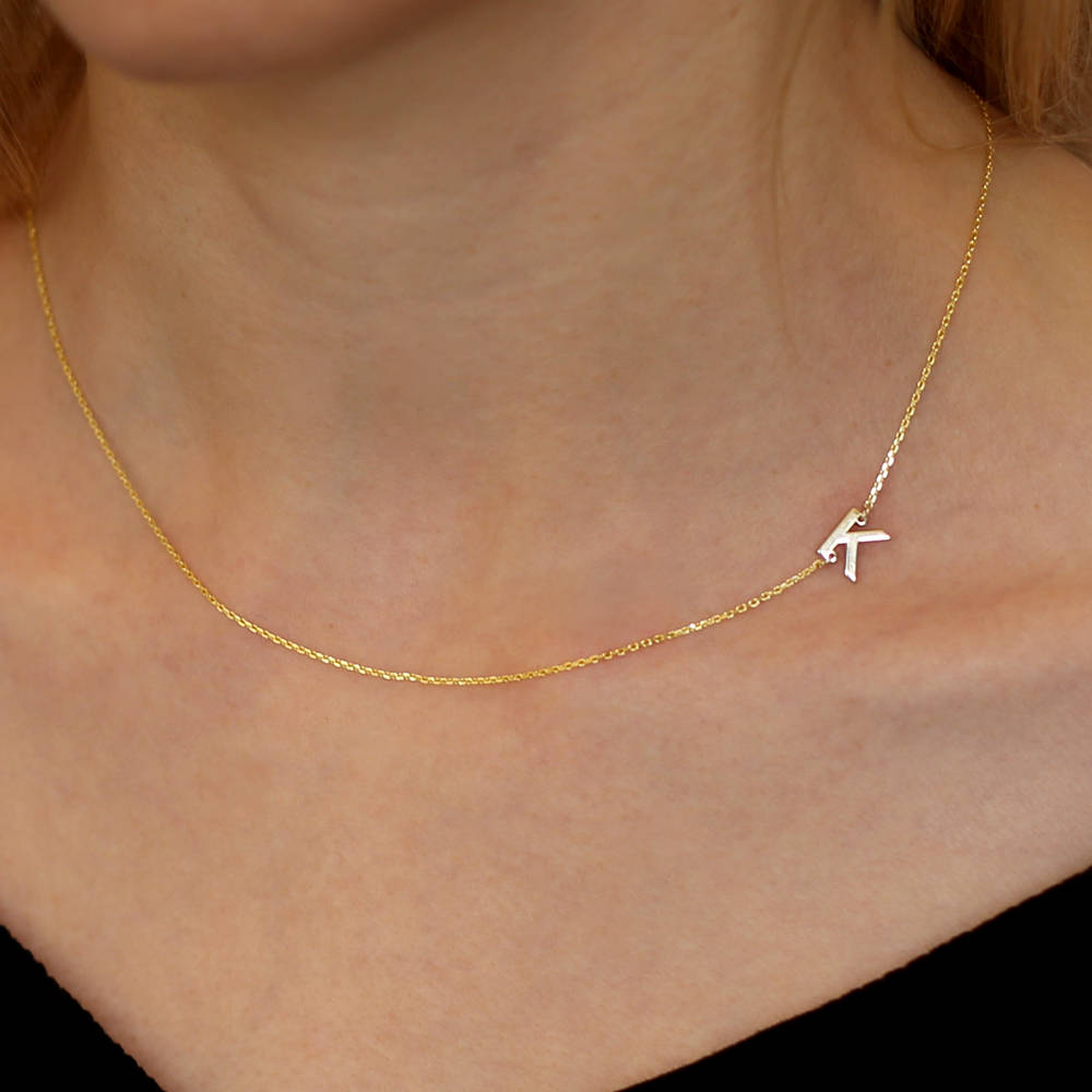 18k Solid Gold Sideways Initial Necklace- Personalized Necklace - Personalized Bridesmaids Gifts - Letter Necklace Gold Jewelry