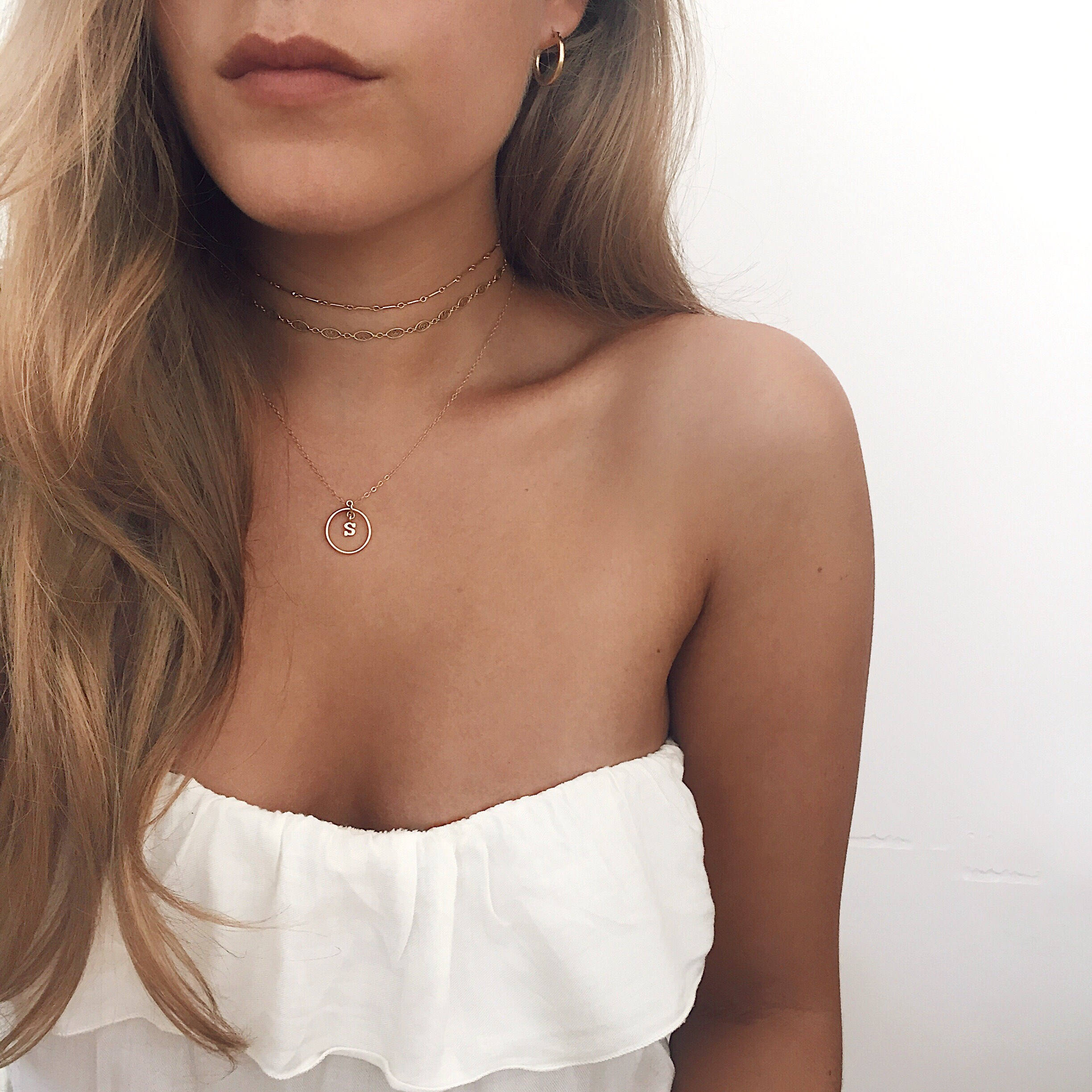 Custom Letter Necklace, Delicate Layered Necklace, Open Gold Circle, Personalized Necklace, Gold Plated, Sterling Silver, Name Necklace