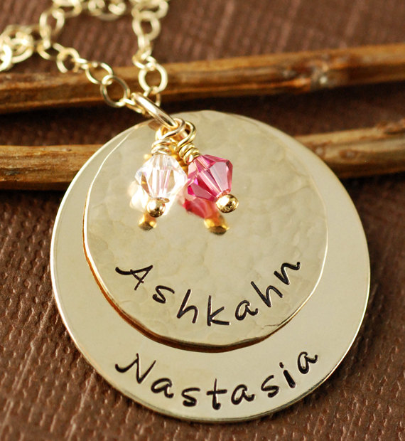 Gold Mom Personalized Necklace, Hand Stamped Gold Name Necklace, Gold Stamped Necklace, Personalized Gold Birthstone Necklace