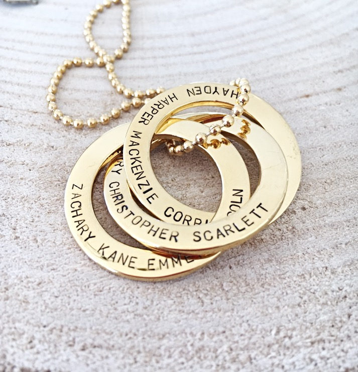 Gold Russian Rings, Hand Stamped Mother Necklace, Russian Rings Necklace, Interconnecting Rings Necklace, Personalized Jewelry For Mom