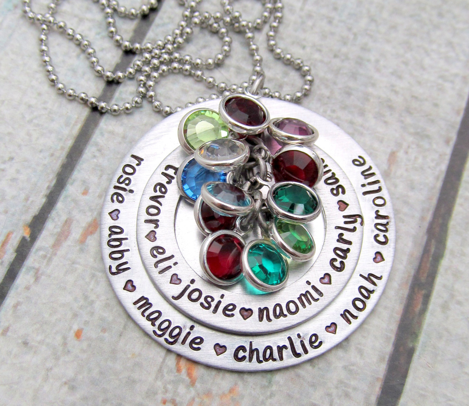 Hand Stamped Necklace, Personalized Necklace, Personalized Birthstone Necklace, Mothers Day Gift, Large Family Necklace Hand Stamped Jewelry