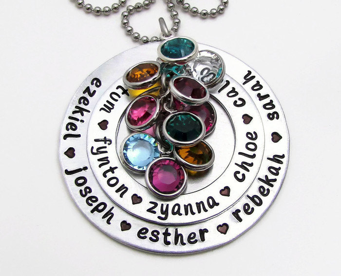 Hand Stamped Necklace, Personalized Necklace, Personalized Birthstone Necklace, Mothers Day Gift, Large Family Necklace Hand Stamped Jewelry