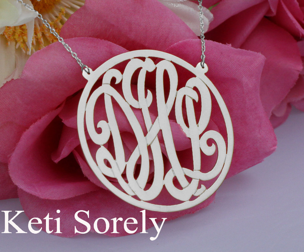 Handmade Round Monogram Necklace with Border - Small To Large Initials (Order Any Initials) - Sterling Silver