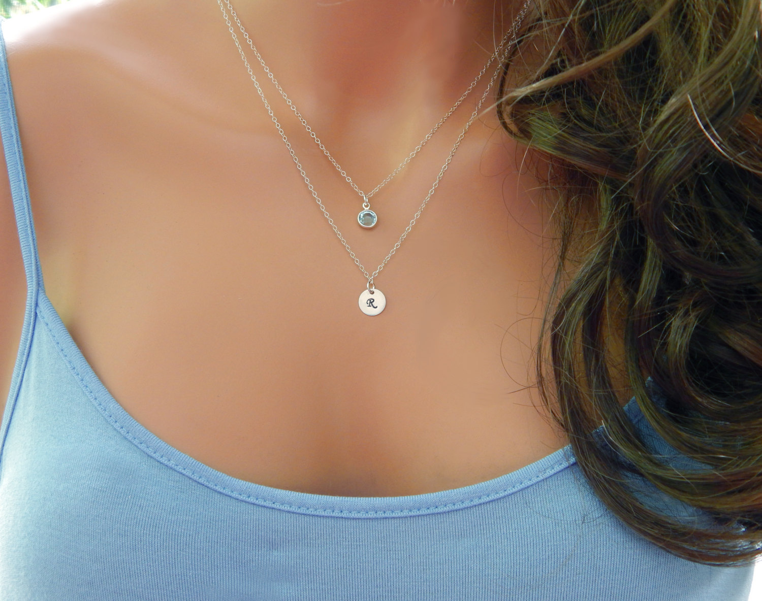 Initial and Birthstone Necklace &bull; Personalized Monogram Gift for Mom Women Girlfriend Sister &bull; Layered Monogram Disc [CUD9] [1719-202 L]