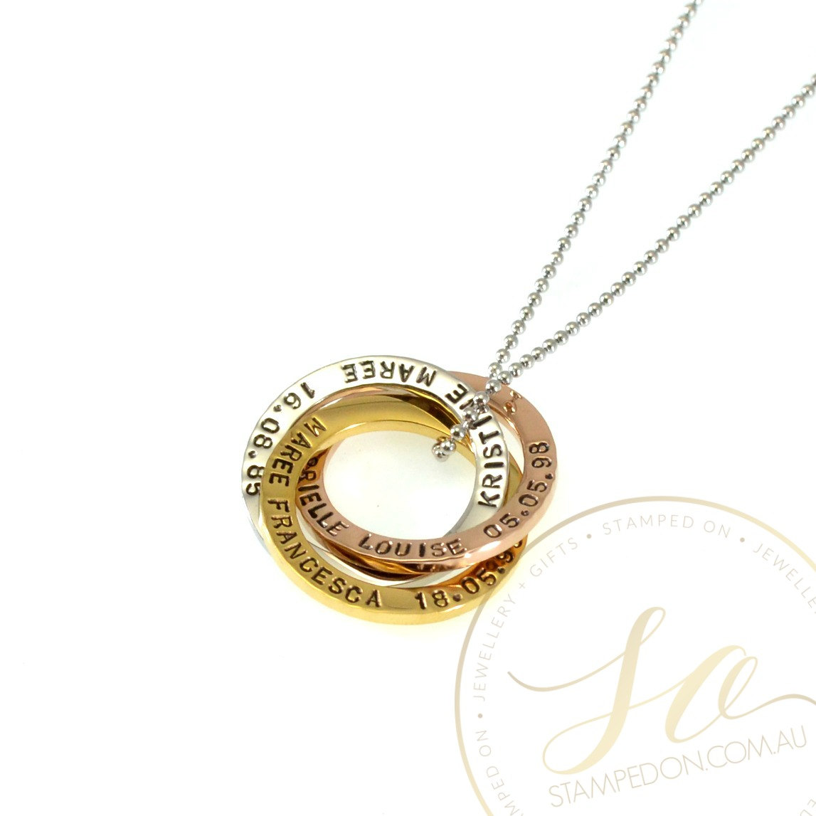 Linked Rings Personalised Hand Stamped Pendant &amp; Chain - Mixed Tone Sterling Silver Silver, Gold IP and Rose Gold IP