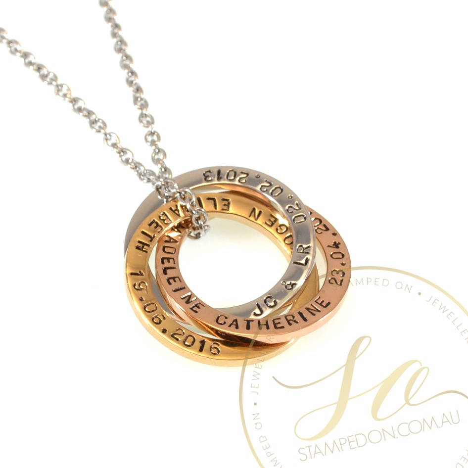 Linked Rings Personalised Hand Stamped Pendant &amp; Chain - Mixed Tone Sterling Silver Silver, Gold IP and Rose Gold IP
