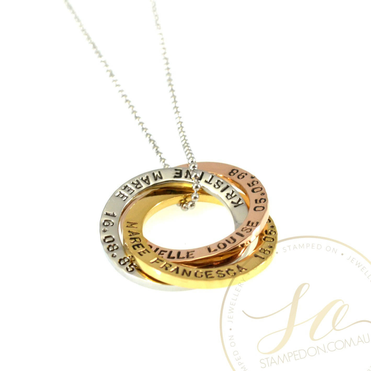 Linked Rings Personalised Hand Stamped Pendant &amp; Chain - Mixed Tone Sterling Silver Silver, Gold IP and Rose Gold IP