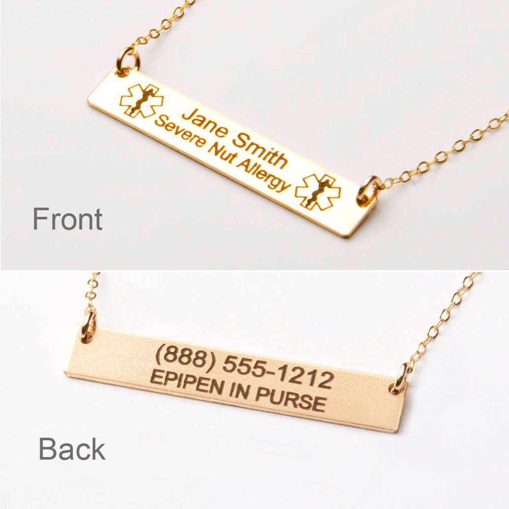 Medical Alert Necklace - Custom Medical ID Jewelry-Personalized Gold Bar-18k Gold Plated-Rose-Sterling Silver