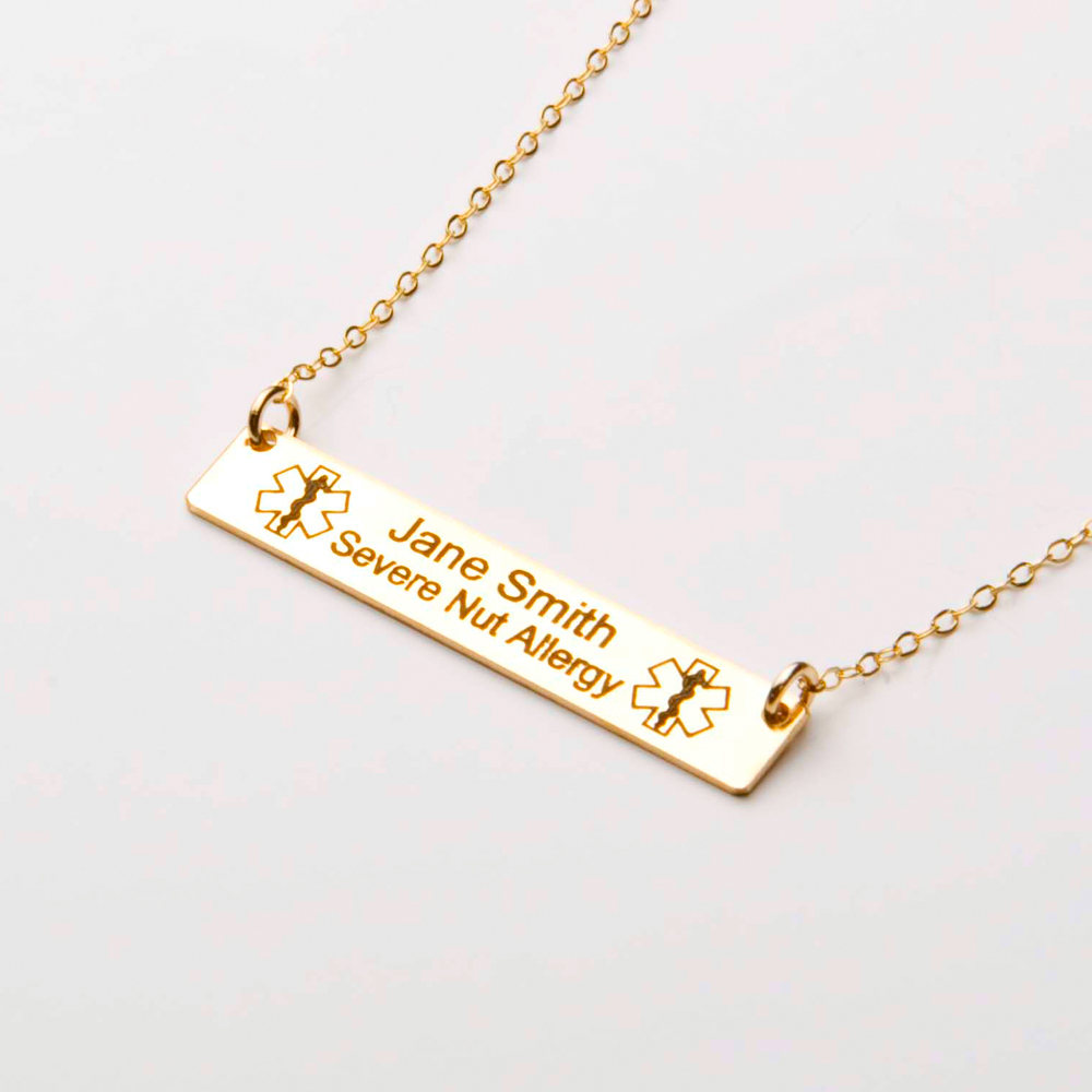 Medical Alert Necklace - Custom Medical ID Jewelry-Personalized Gold Bar-18k Gold Plated-Rose-Sterling Silver