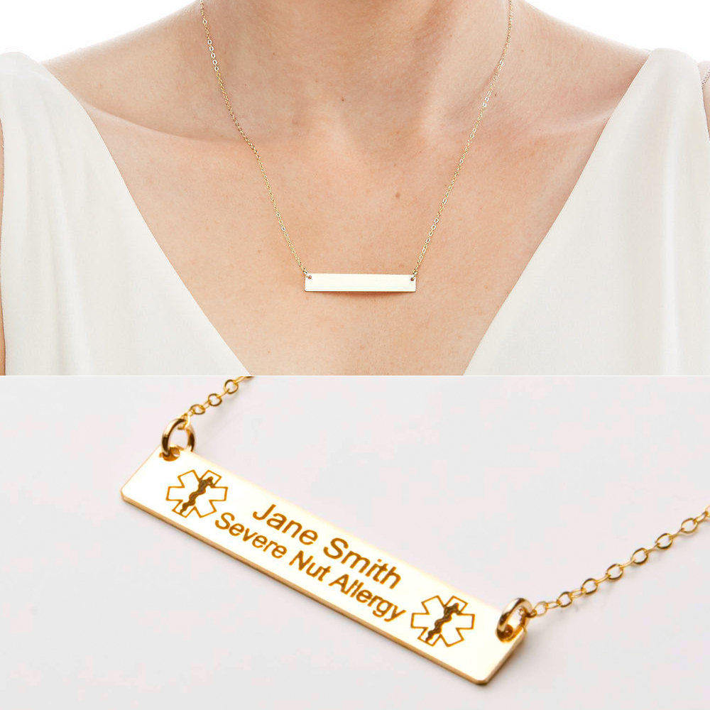 Medical Alert Necklace - Custom Medical ID Jewelry-Personalized Gold Bar-18k Gold Plated-Rose-Sterling Silver