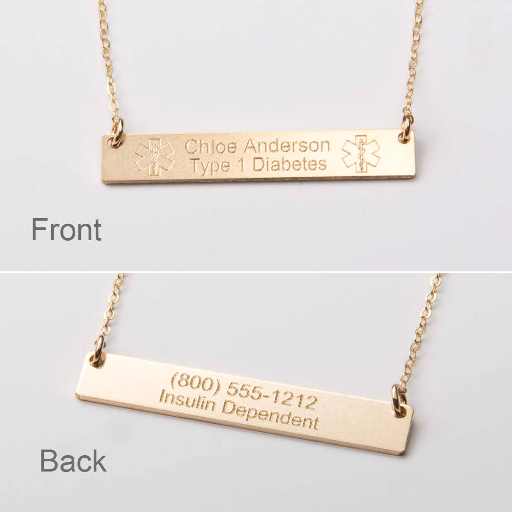 Medical Alert Necklace - Custom Medical ID Jewelry-Personalized Gold Bar-18k Gold Plated-Rose-Sterling Silver-CG287N_1.5X0.25