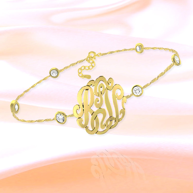 Monogram Bracelet - 1 inch Monogram Bracelet - Sterling Silver 18k Gold Plated Handcrafted - CZ Monogram Bracelet - Made in USA