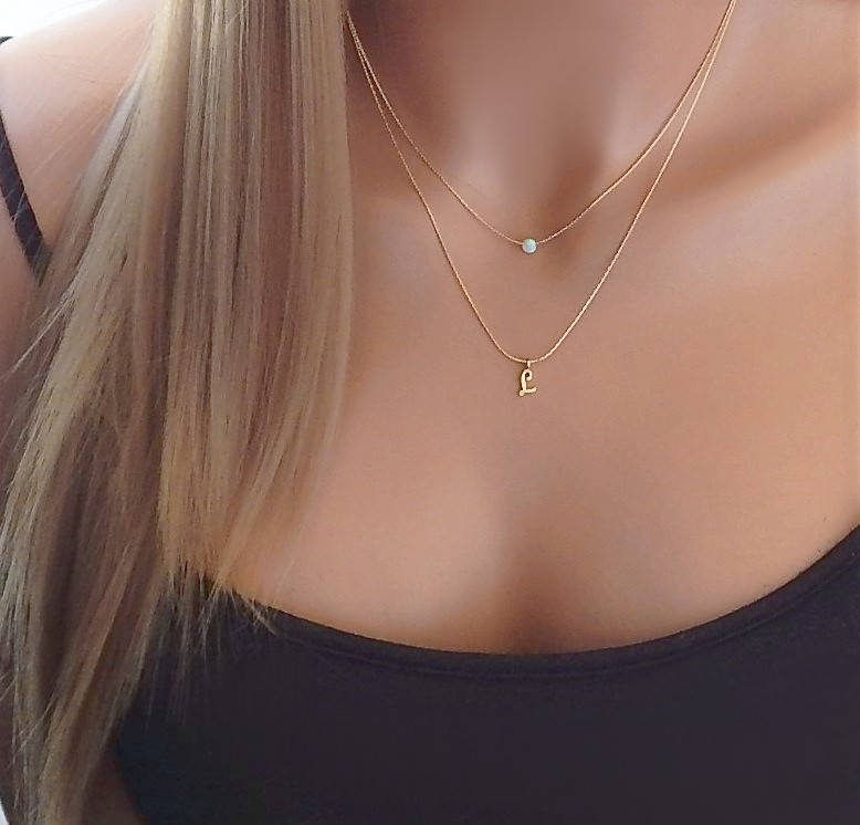 Opal and Initial Necklace &bull; Personalized Layered Gift for Girlfriend Sister Her Women &bull; White Opal Initial Necklace [104 L]