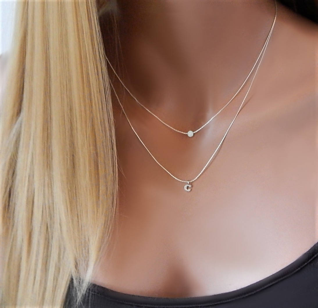 Opal and Initial Necklace &bull; Personalized Layered Gift for Girlfriend Sister Her Women &bull; White Opal Initial Necklace [104 L]