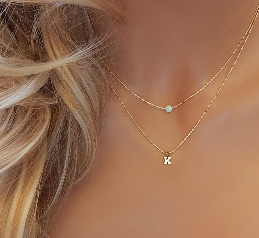 Opal and Initial Necklace &bull; Personalized Layered Gift for Girlfriend Sister Her Women &bull; White Opal Initial Necklace [104 L]
