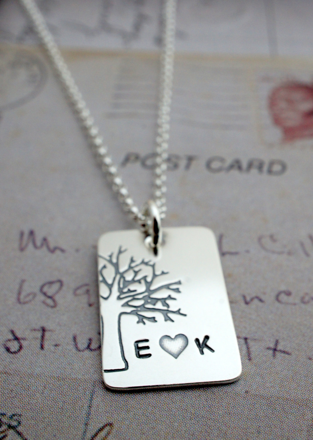 Personalized Family Tree Necklace - Under the Oak Tree Pendant - Custom Hand Stamped Couples Initials Tree of Life Charm by EWD