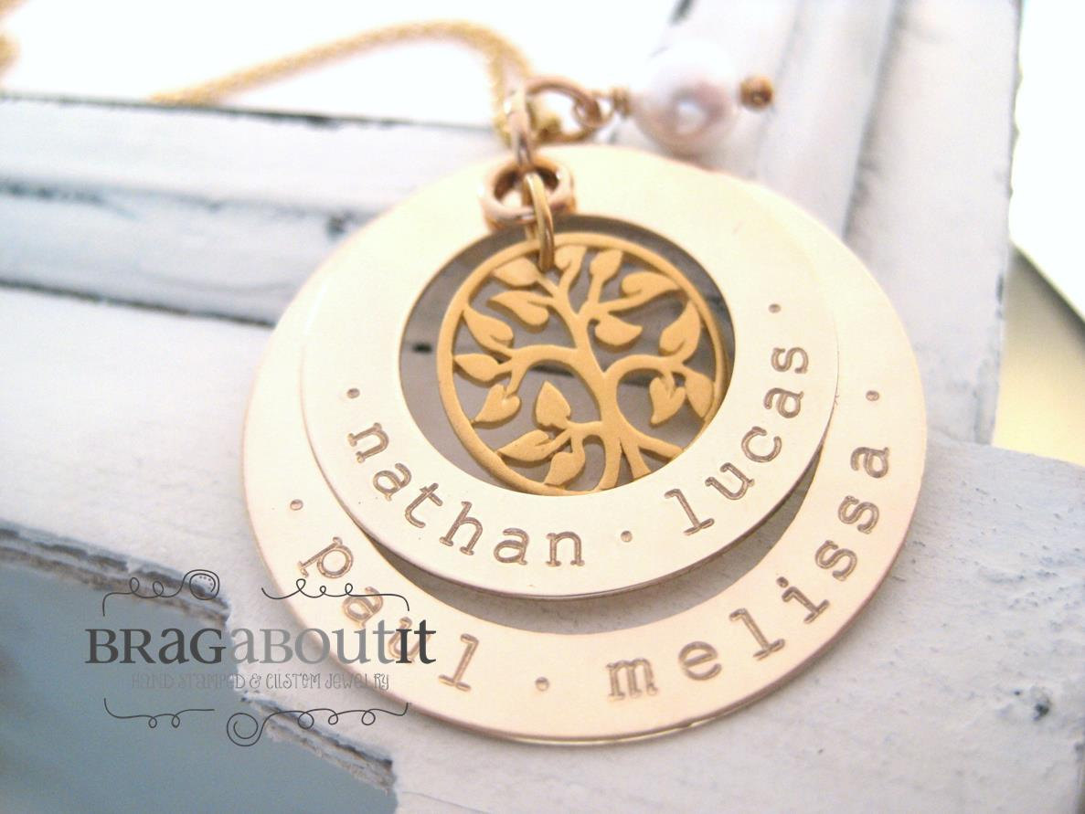 Personalized Hand Stamped Mommy Necklace - Gold Personalized Jewelry - Brag About It - My Family Tree (Double Washer)