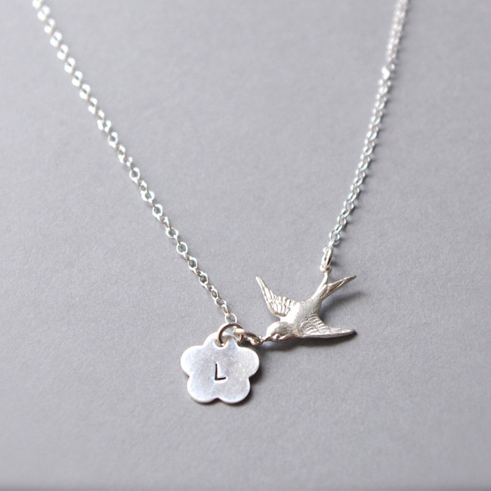Personalized Necklace, Sterling Silver Necklace, Initial Necklace, Initial Bird Necklace, Bird Jewelry, Bird Fashion, Custom Jewelry