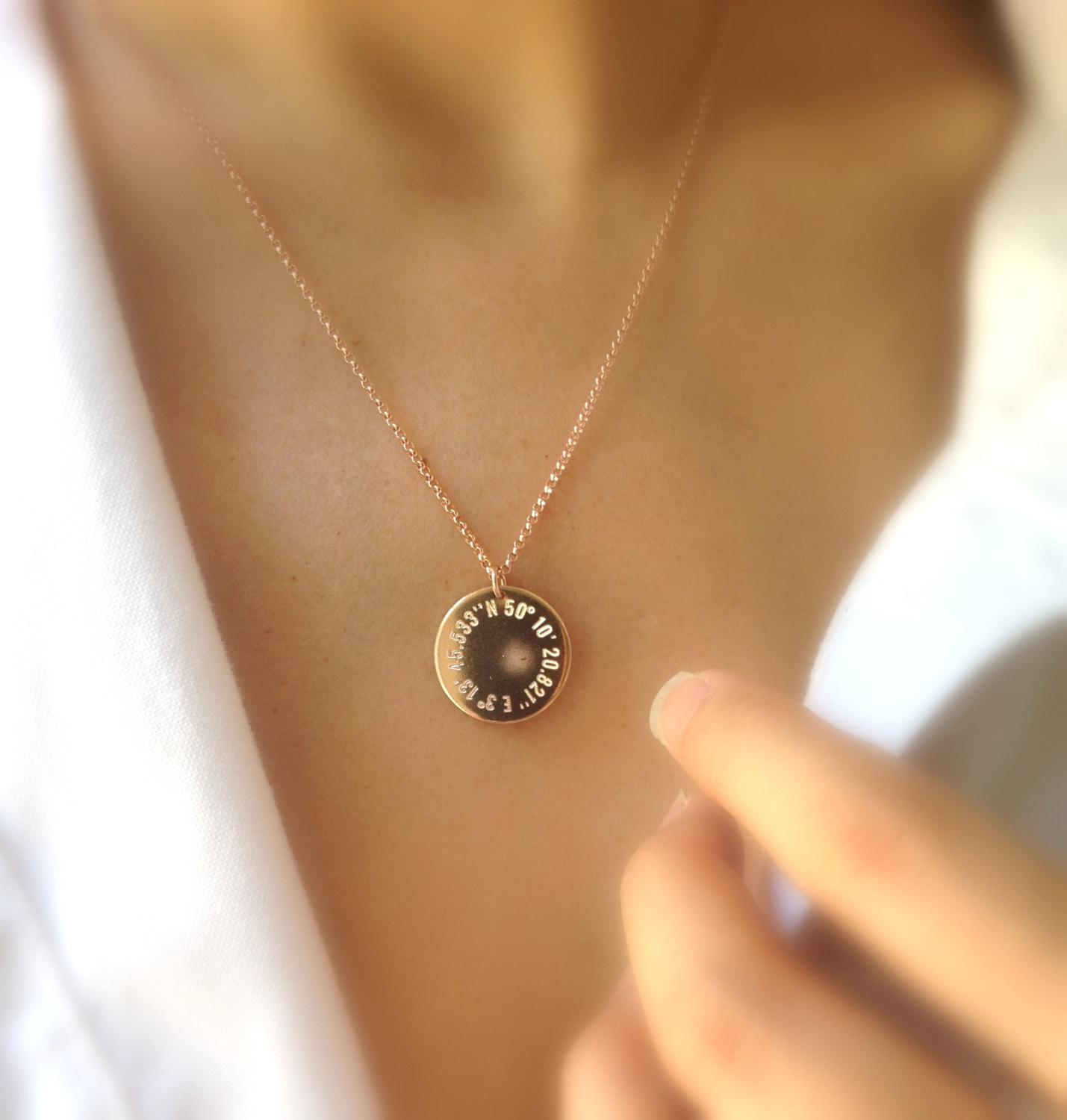 Rose Gold Coordinate Necklace - Round Gold Pendant - Latitude Longitude Necklace - Personalized Gold Necklace - City Coordinates - GPS