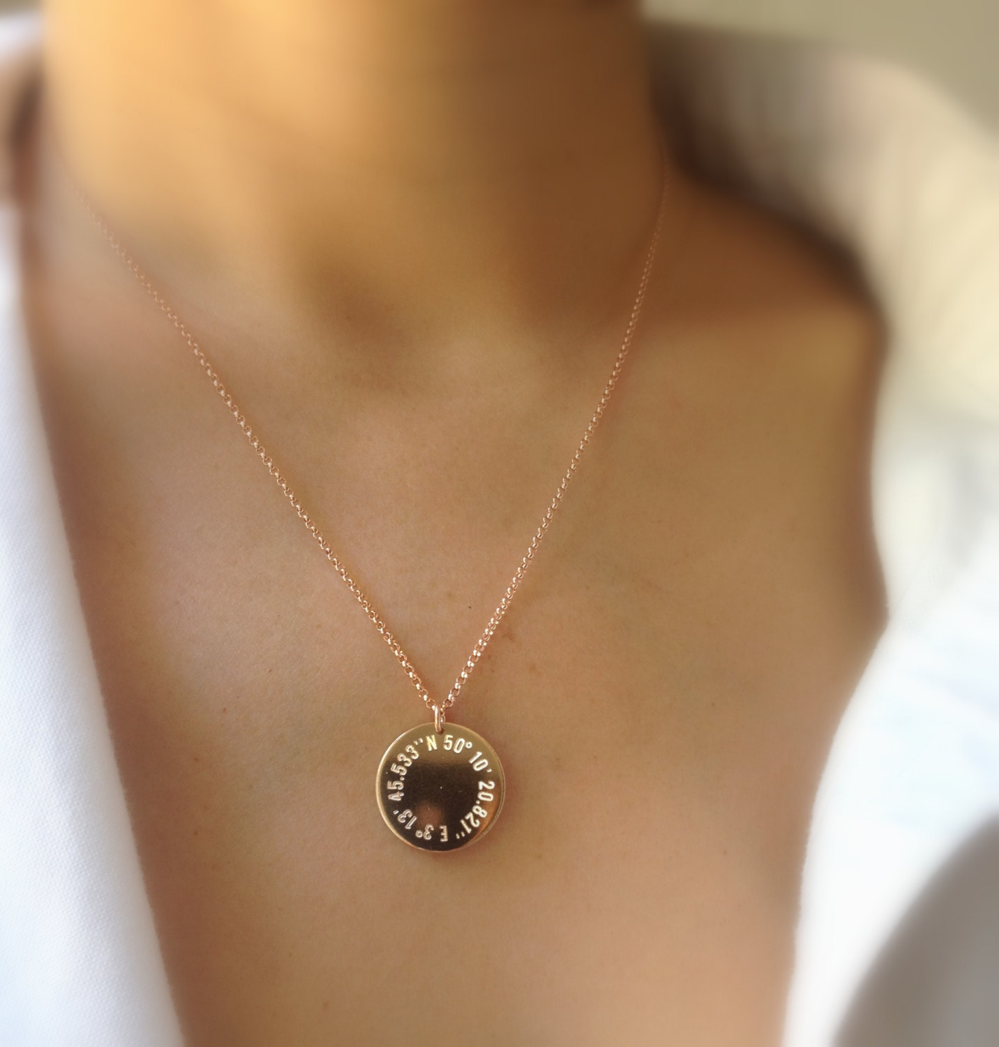 Rose Gold Coordinate Necklace - Round Gold Pendant - Latitude Longitude Necklace - Personalized Gold Necklace - City Coordinates - GPS