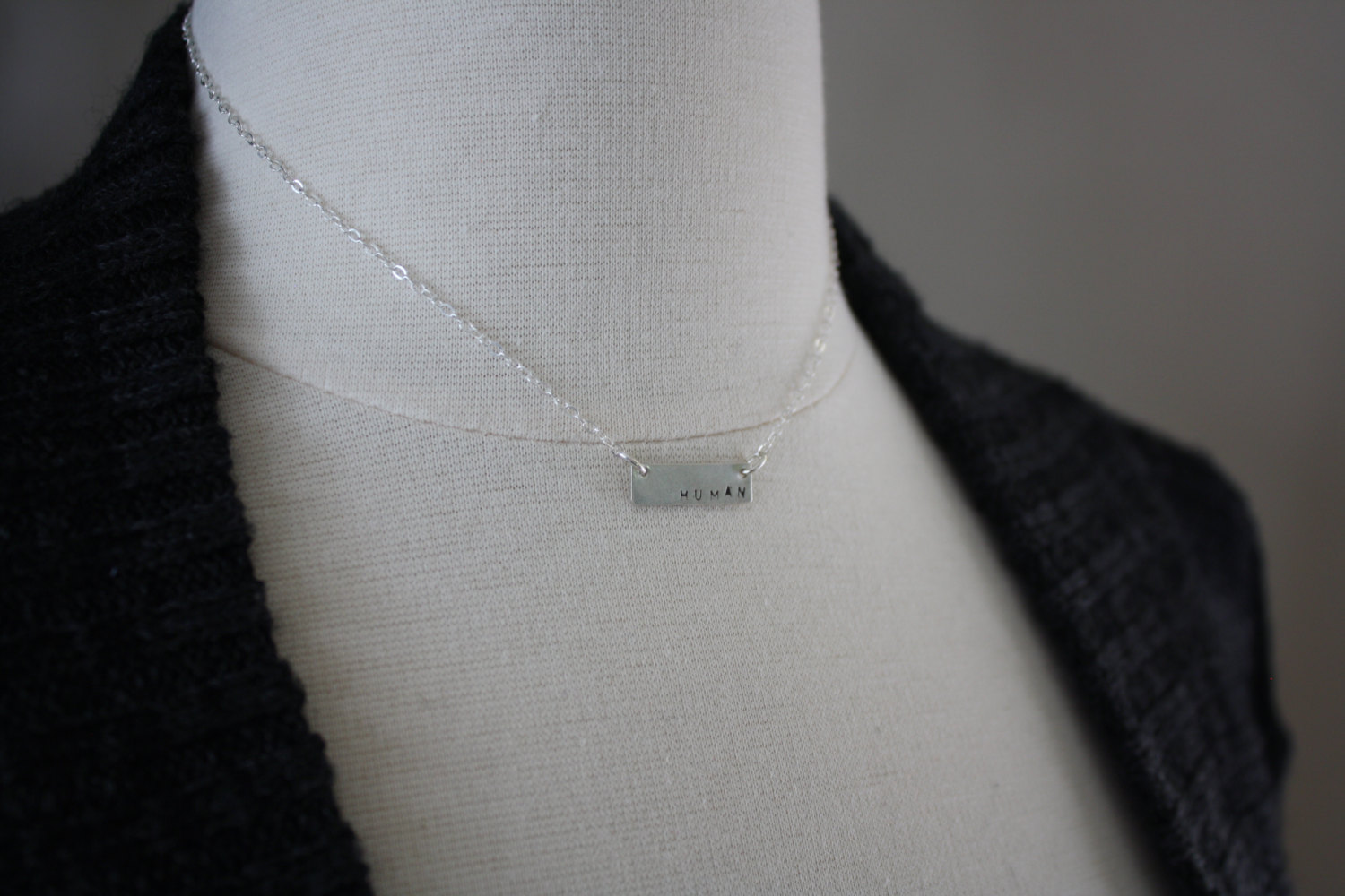 Silver Human Necklace - Stamped Bar Necklace - Silver Pendant Necklace - Sterling Silver Jewelry - Lightweight Everyday Jewellery